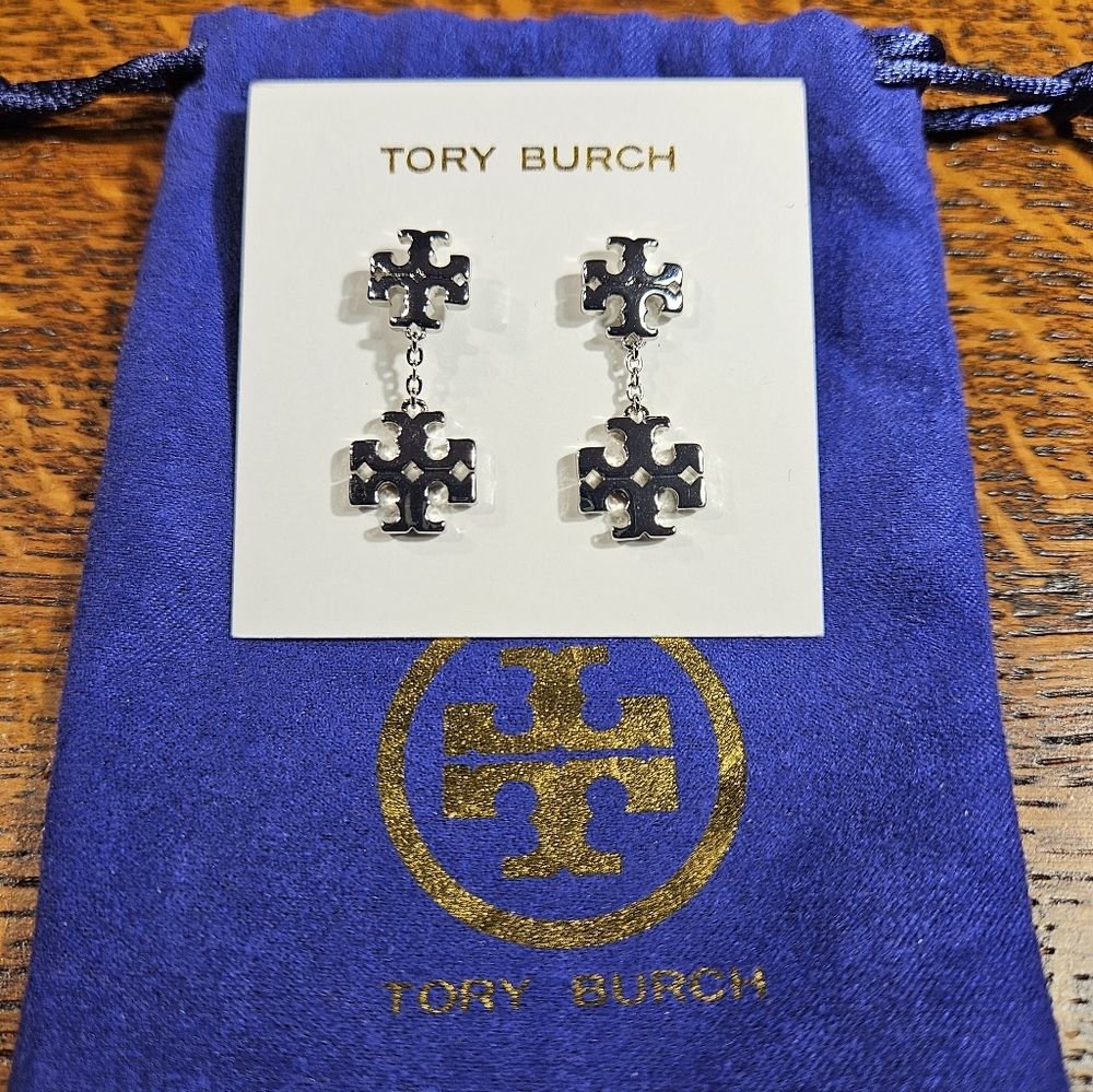 Tory Burch Kira Double Logo Linear Drop Earrings in Silver and Dustbag NWT - Picture 2 of 5